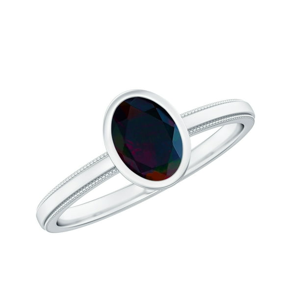 Rosec Jewels Black Opal Oval Engagement Ring for Women - Bezel Set Opal Solitaire Ring (5X7 mm, AAA Grade, October Birthstone), 925 Sterling Silver, US 4.00