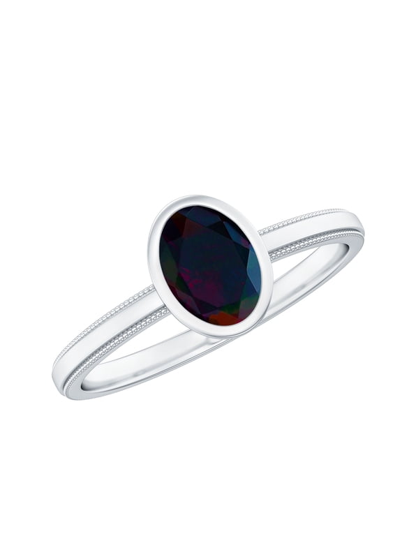 Black Opal Oval Engagement Ring for Women - Bezel Set Opal Solitaire Ring (0.9 Carat, AAA Grade) - with Jewelry Box, 925 Sterling Silver, US 4.00