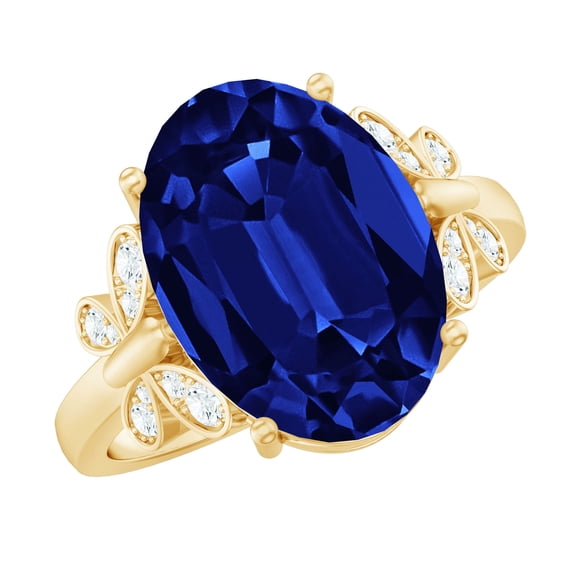 Oval Created Blue Sapphire Solitaire Ring with Diamond for Women - 6 Carat - AAAA Quality, 10K Yellow Gold, US 6.00