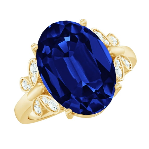 Rosec Jewels Oval Created Blue Sapphire Solitaire Ring with Diamond for Women - 10X14 mm, 14K Yellow Gold, US 7.00