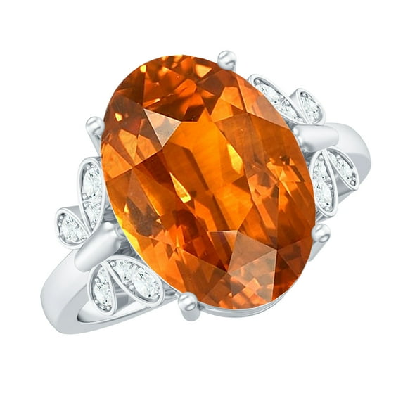 Rosec Jewels Oval Created Orange Sapphire Solitaire Ring with Diamond for Women - 10X14 mm, 18K White Gold, US 7.00