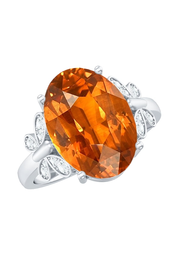 Oval Created Orange Sapphire Solitaire Ring with Diamond for Women - 6 Carat - AAAA Quality, 925 Sterling Silver, US 4.00