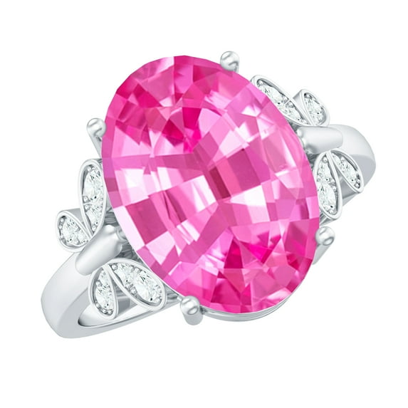 Rosec Jewels Oval Created Pink Sapphire Solitaire Ring with Diamond for Women - 10X14 mm, 14K White Gold, US 9.50