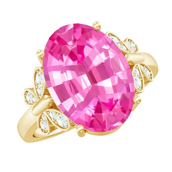 Rosec Jewels Oval Created Pink Sapphire Solitaire Ring with Diamond for Women - 10X14 mm, 18K Yellow Gold, US 4.00