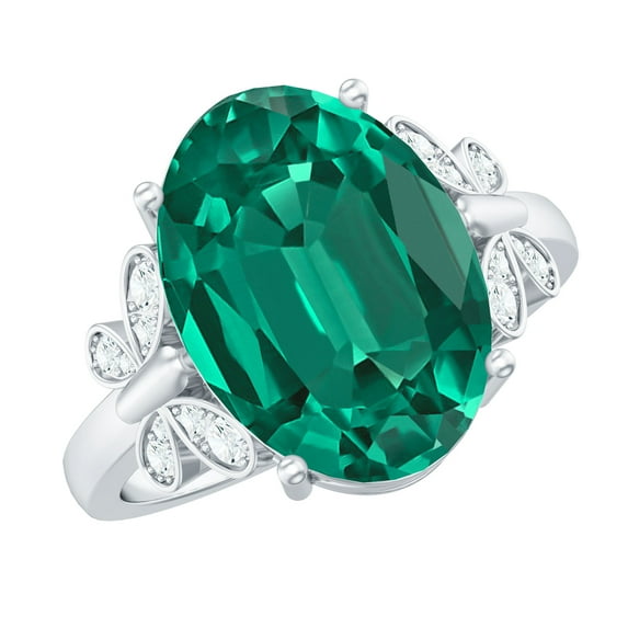Rosec Jewels Oval Cut Created Emerald Solitaire Ring with Diamond for Women (10X14 mm), 18K White Gold, US 5.00