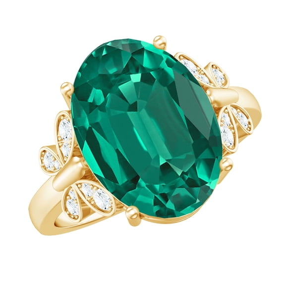 Rosec Jewels Oval Cut Created Emerald Solitaire Ring with Diamond for Women (10X14 mm), 18K Yellow Gold, US 9.00