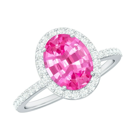 Oval Cut Lab Created Pink Sapphire Ring with Diamond Halo for Women - AAAA Grade, 18K White Gold, US 7.50