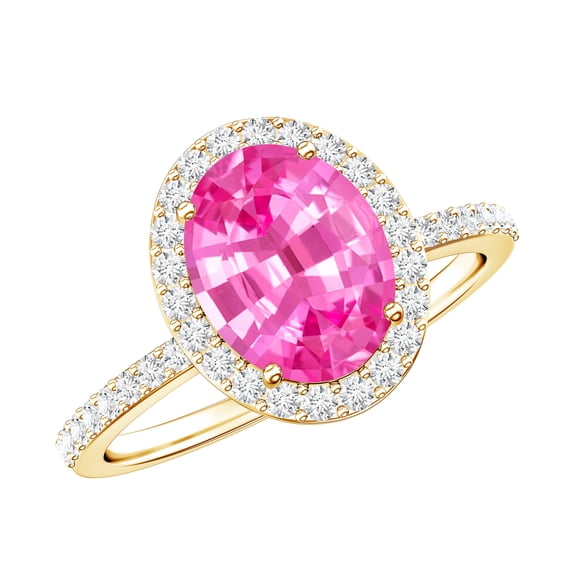 Rosec Jewels Oval Cut Lab Created Pink Sapphire Ring with Diamond Halo for Women - AAAA Grade, 18K Yellow Gold, US 6.50