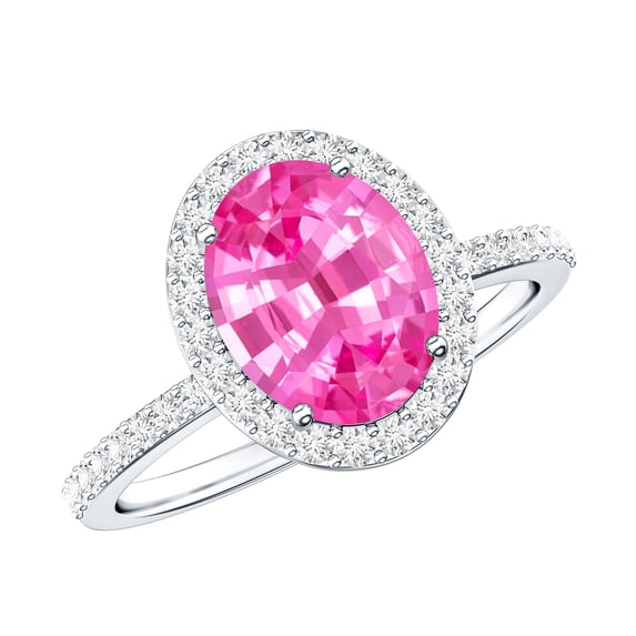 Rosec Jewels Oval Cut Lab Created Pink Sapphire Ring with Diamond Halo for Women - AAAA Grade, 925 Sterling Silver, US 11.50