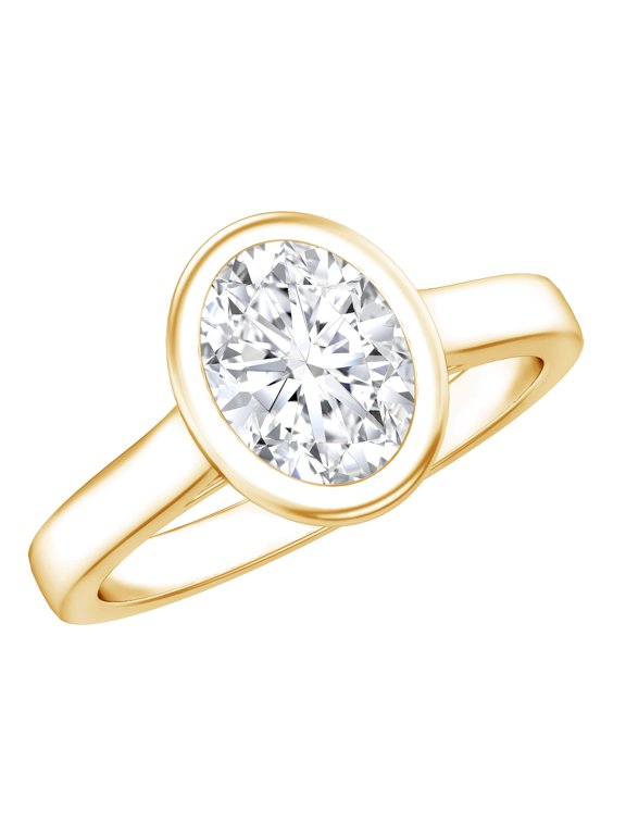 Oval Engagement Ring 1 ct - Lab Diamond Solitaire Ring - Bezel Set - EF-VS Grade, 14K Yellow Gold, US 7.00