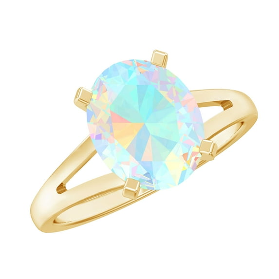 Rosec Jewels Oval Ethiopian Opal Solitaire Split Shank Ring with Hidden Diamond - 8X10 mm, 18K Yellow Gold, US 7.00