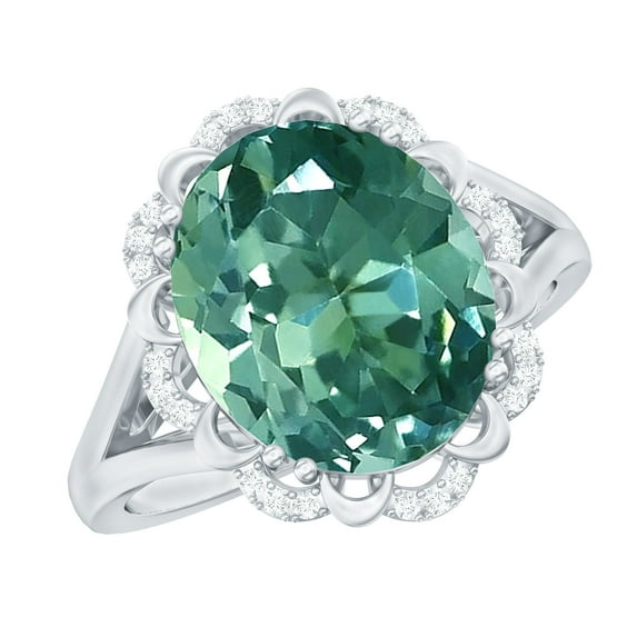 Rosec Jewels Oval Lab Grown Green Sapphire Vintage Inspired Ring with Diamond (10X12 mm), 925 Sterling Silver, US 4.00