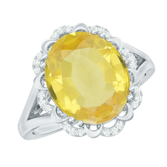 Rosec Jewels Oval Lab Grown Yellow Sapphire Ring with Diamond, Vintage Inspired Ring (10X12 mm), 14K White Gold, US 11.50