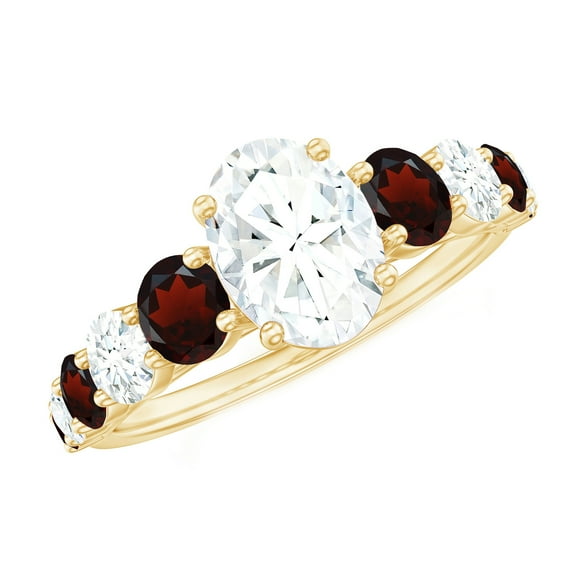 Rosec Jewels Oval Moissanite Engagement Ring with Garnet for Women - 6X8 mm - D-VS1 Grade, 10K Yellow Gold, US 4.00