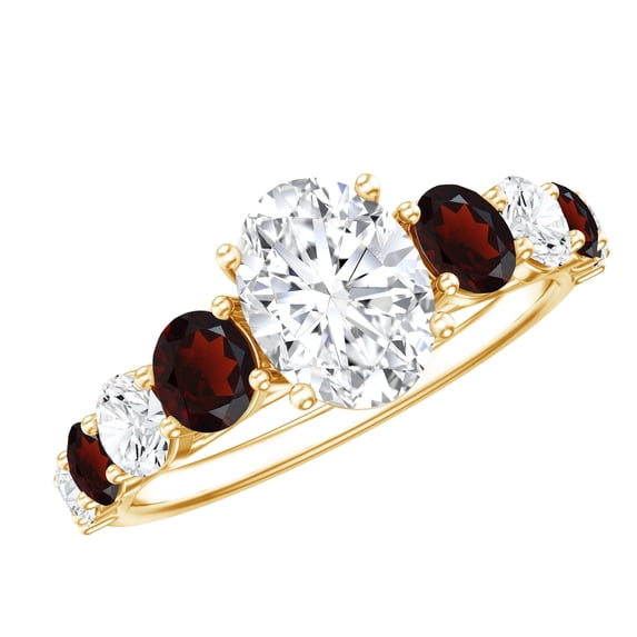 Rosec Jewels Oval Moissanite Engagement Ring with Garnet for Women - 6X8 mm - D-VS1 Grade, 14K Yellow Gold, US 13.00