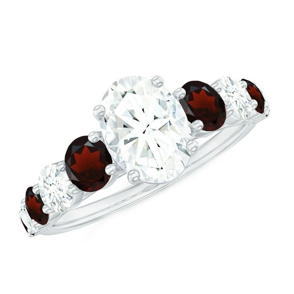 Rosec Jewels Oval Moissanite Engagement Ring with Garnet for Women - 6X8 mm - D-VS1 Grade, 925 Sterling Silver, US 4.00