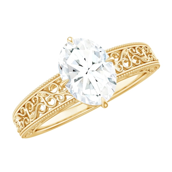 Rosec Jewels Certified Moissanite Oval Engagement Ring 1 Carat (6X8 mm, D-VS1 Quality) - Filigree Ring with Jewelry Box, 10K Yellow Gold, US 10.50
