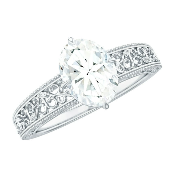 Rosec Jewels Certified Moissanite Oval Engagement Ring 1 Carat (6X8 mm, D-VS1 Quality) - Filigree Ring with Jewelry Box, 14K White Gold, US 8.00