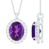 Rosec Jewels Oval Shape Amethyst Pendant Necklace with Moissanite Halo (8X10 mm, AAA Quality), 925 Sterling Silver
