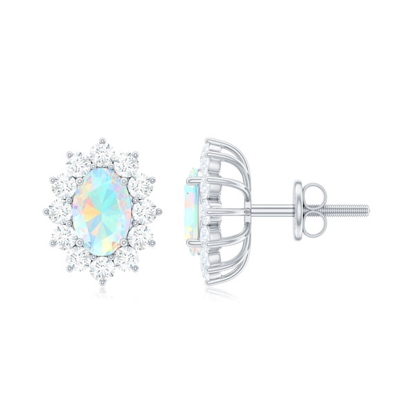 Rosec Jewels Oval Shape Ethiopian Opal Stud Earrings with Diamond Halo - 5X7 mm - AAA Grade, 18K White Gold