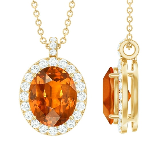 Rosec Jewels Oval Shape Lab Grown Orange Sapphire Pendant with Diamond Halo (AAAA Quality), 10K Yellow Gold