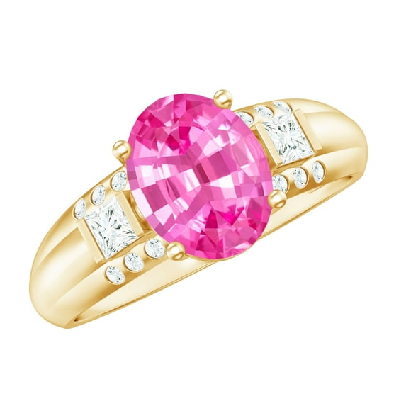 Rosec Jewels Oval Shape Lab Grown Pink Sapphire Solitaire Ring with Diamond (8X10 MM), 14K Yellow Gold, US 3.00