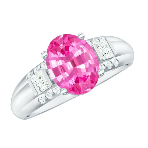Rosec Jewels Oval Shape Lab Grown Pink Sapphire Solitaire Ring with Diamond (8X10 MM), 925 Sterling Silver, US 4.00