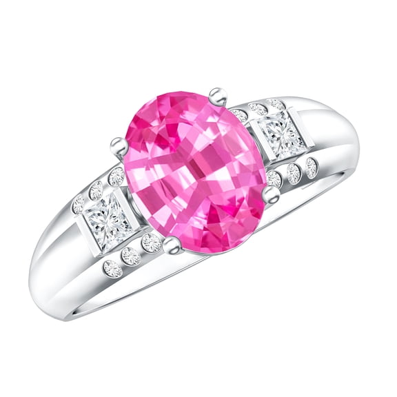 Oval Shape Lab Grown Pink Sapphire Solitaire Ring with Diamond (8X10 MM), 925 Sterling Silver, US 4.00
