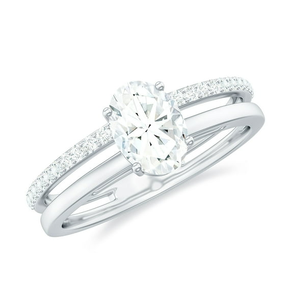 Rosec Jewels Moissanite Oval Engagement Ring 1 Carat - Double Band Ring - 5X7 mm - D-VS1 Grade Certified, 925 Sterling Silver, US 13.00
