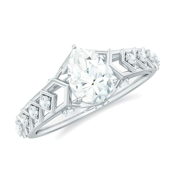 Rosec Jewels Certified Moissanite Solitaire Engagement Ring - Art Deco Ring (5X7 mm Pear Shape, D-VS1 Quality), 14K White Gold, US 3.00