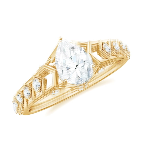 Rosec Jewels Certified Moissanite Solitaire Engagement Ring - Art Deco Ring (5X7 mm Pear Shape, D-VS1 Quality), 14K Yellow Gold, US 10.50