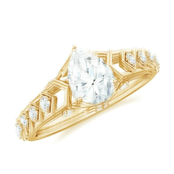 Rosec Jewels Certified Moissanite Solitaire Engagement Ring - Art Deco Ring (5X7 mm Pear Shape, D-VS1 Quality), 14K Yellow Gold, US 9.50