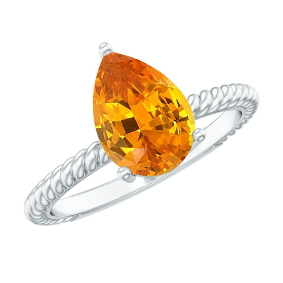 Rosec Jewels Pear Shape Created Orange Sapphire Solitaire Ring with Moissanite for Women, 18K White Gold, US 7.50