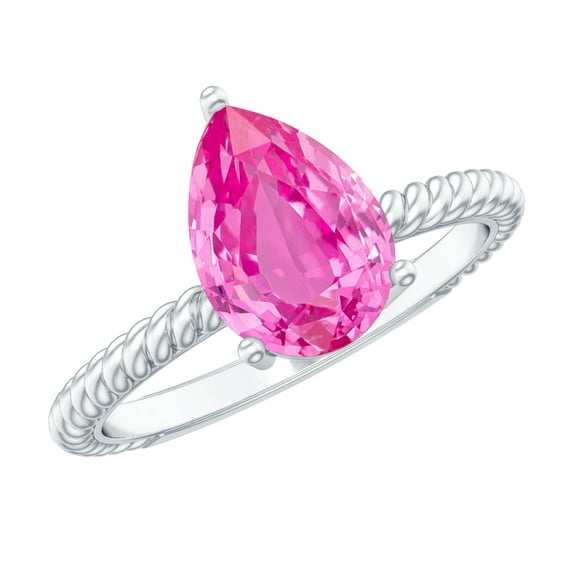 Rosec Jewels Pear Shape Created Pink Sapphire Solitaire Ring with Moissanite - 7X10 mm, 18K White Gold, US 7.50