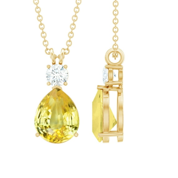 Rosec Jewels Pear Shape Created Yellow Sapphire Drop Pendant with Moissanite (8X10 mm), 18K Yellow Gold