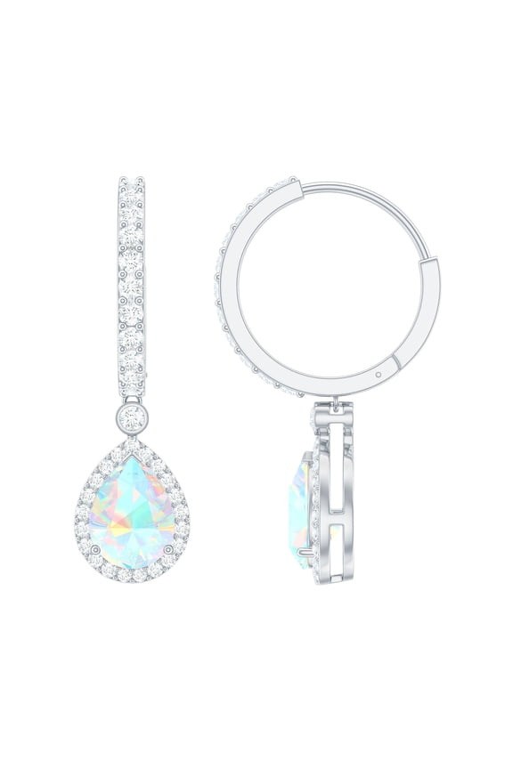 Pear Shape Ethiopian Opal Drop Earrings with Moissanite for Women (1.4 Carat), 18K White Gold