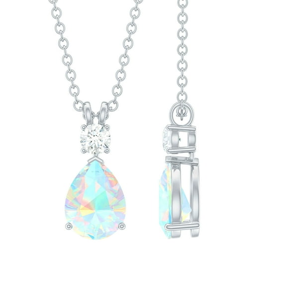 Rosec Jewels Pear Shape Ethiopian Opal Drop Pendant Necklace with Moissanite - 8X10 MM, 925 Sterling Silver