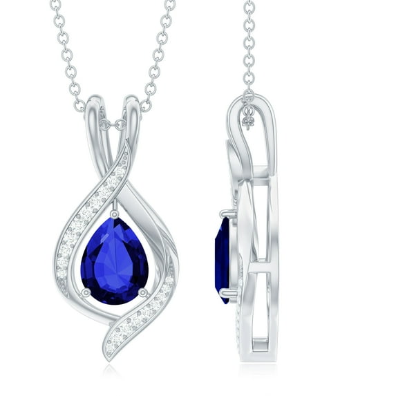 Rosec Jewels Pear Shape Lab Grown Blue Sapphire Teardrop Pendant with Moissanite (6X8 mm), 925 Sterling Silver
