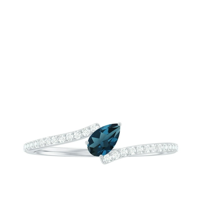 Rosec Jewels Pear Shape London Blue Topaz Promise Ring with Diamond for Women - Bypass Ring, 925 Sterling Silver, US 8.00