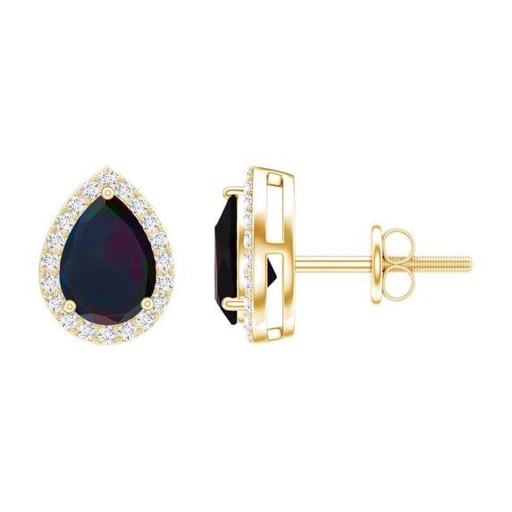 Rosec Jewels Pear Shaped Black Opal Stud Earrings with Halo (1.4 Carat, AAA Quality) - Black Opal Teardrop Earrings - Ready to Gift, 10K Yellow Gold