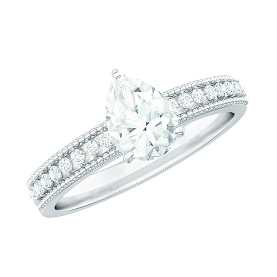 Rosec Jewels Certified Moissanite Teardrop Engagement Ring with Side Stones - 5X7 mm Solitaire Ring - D-VS1 Grade, 10K White Gold, US 5.50