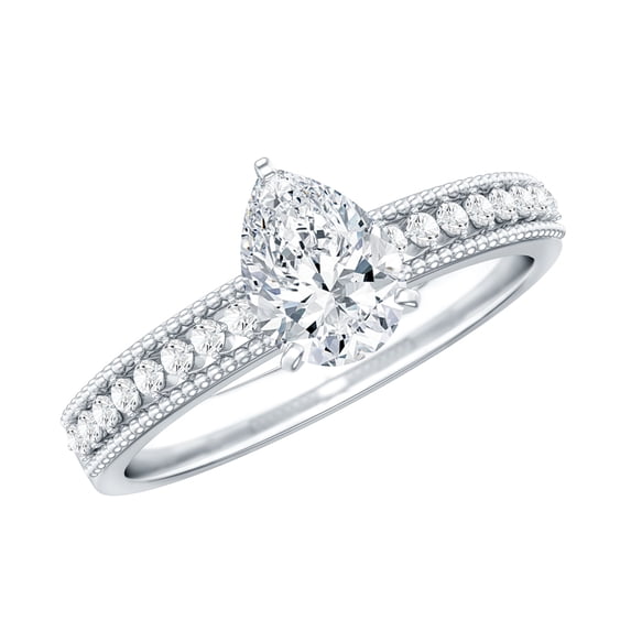 Rosec Jewels Certified Moissanite Teardrop Engagement Ring with Side Stones - 5X7 mm Solitaire Ring - D-VS1 Grade, 10K White Gold, US 7.50