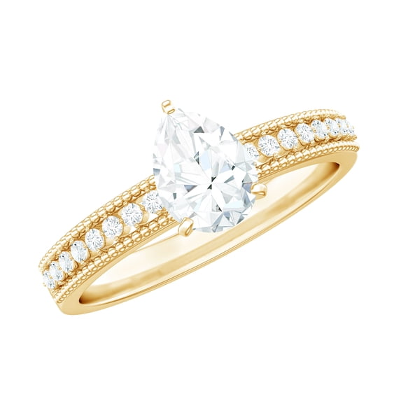 Rosec Jewels Certified Moissanite Teardrop Engagement Ring with Side Stones - 5X7 mm Solitaire Ring - D-VS1 Grade, 18K Yellow Gold, US 3.50