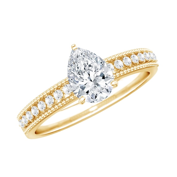 Rosec Jewels Certified Moissanite Teardrop Engagement Ring with Side Stones - 5X7 mm Solitaire Ring - D-VS1 Grade, 18K Yellow Gold, US 6.00