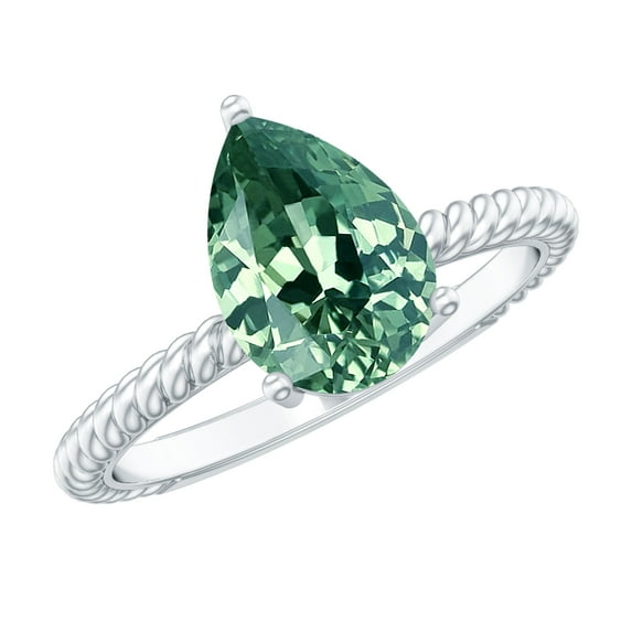 Rosec Jewels Pear Shaped Lab Created Green Sapphire Solitaire Ring with Diamond (7X10 mm), 18K White Gold, US 3.50