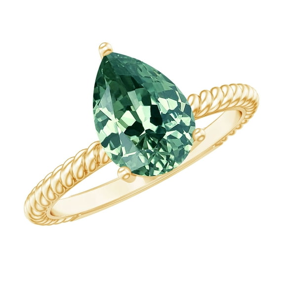 Rosec Jewels Pear Shaped Lab Created Green Sapphire Solitaire Ring with Diamond (7X10 mm), 18K Yellow Gold, US 10.50