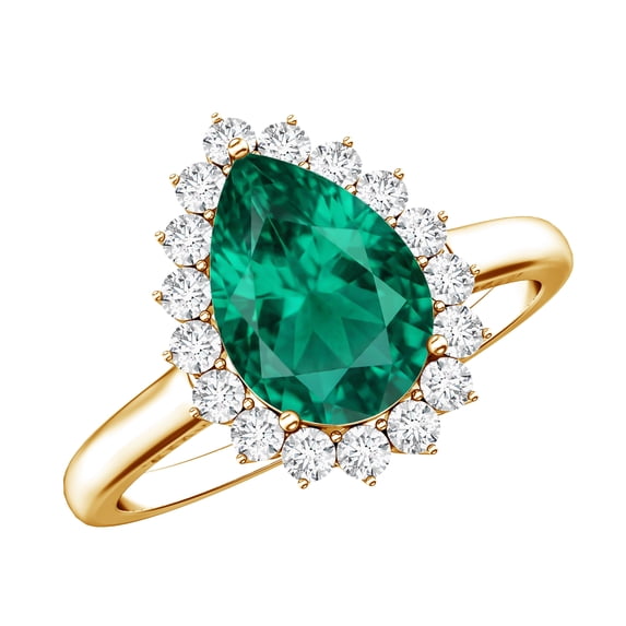 Rosec Jewel Lab Grown Emerald 2 Carat Engagement Ring for Women (AAAA Grade) - Statement Emerald Diamond Halo Ring, 14K Yellow Gold, US 9.50