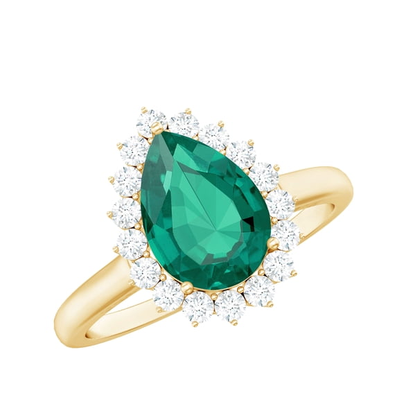Rosec Jewels Pear Shaped Lab Grown Emerald Ring with Diamond Halo for Women (7X10 mm), 14K Yellow Gold, US 9.50