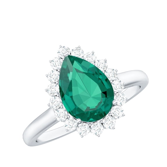 Rosec Jewels Pear Shaped Lab Grown Emerald Ring with Diamond Halo for Women (7X10 mm), 18K White Gold, US 13.00