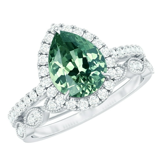 Rosec Jewels Pear Shaped Lab Grown Green Sapphire Ring Set with Moissanite, Teardrop Ring with Enhancer, 18K White Gold, US 11.00